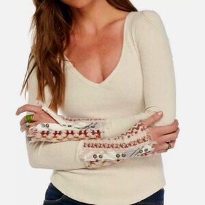 Free People "Art School" Cream V-neck Waffle Weave + thermal cuff shirt - size M